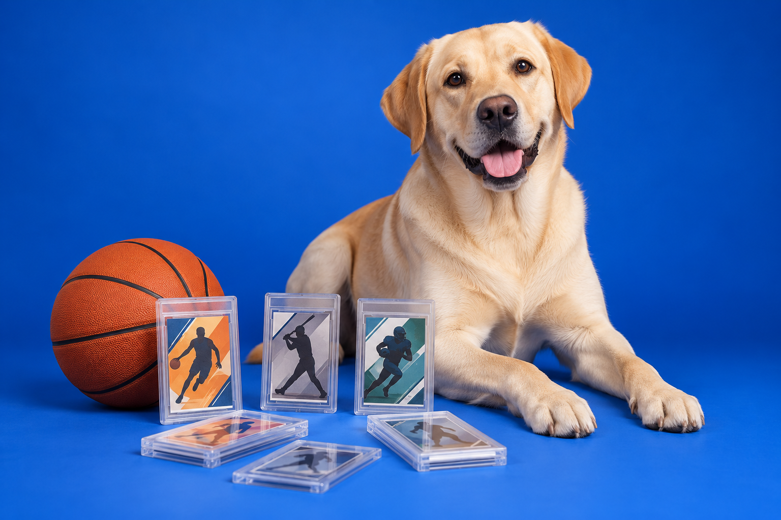 Illustrated yellow Labrador Bear with sports cards