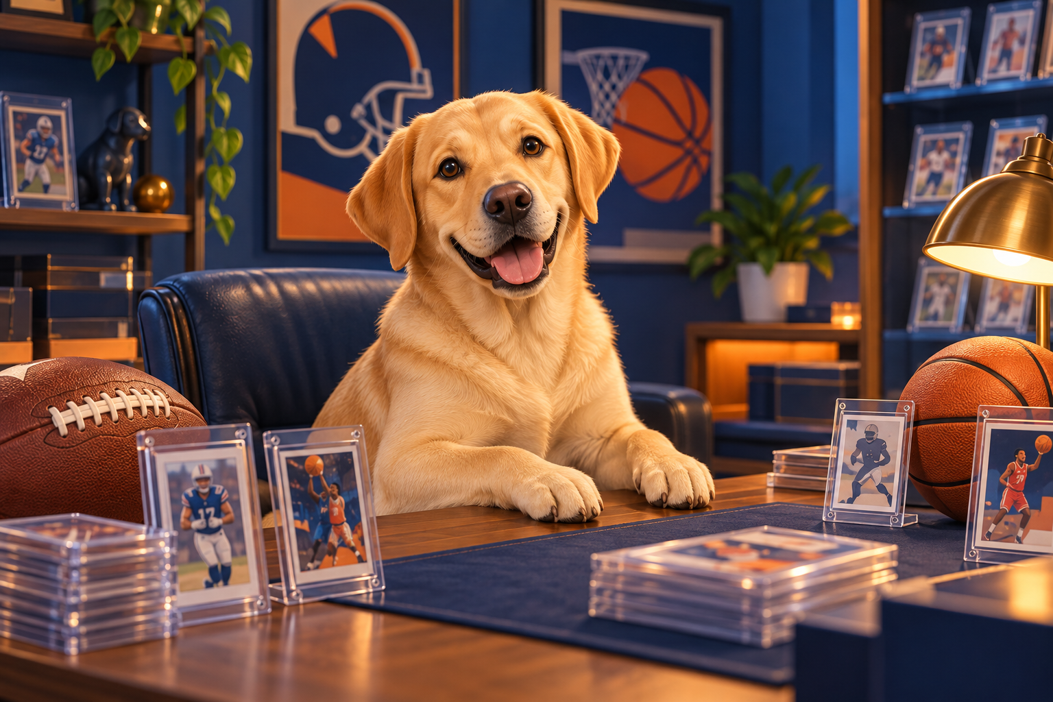 Illustrated yellow Labrador at a sports-card desk with a football and basketball