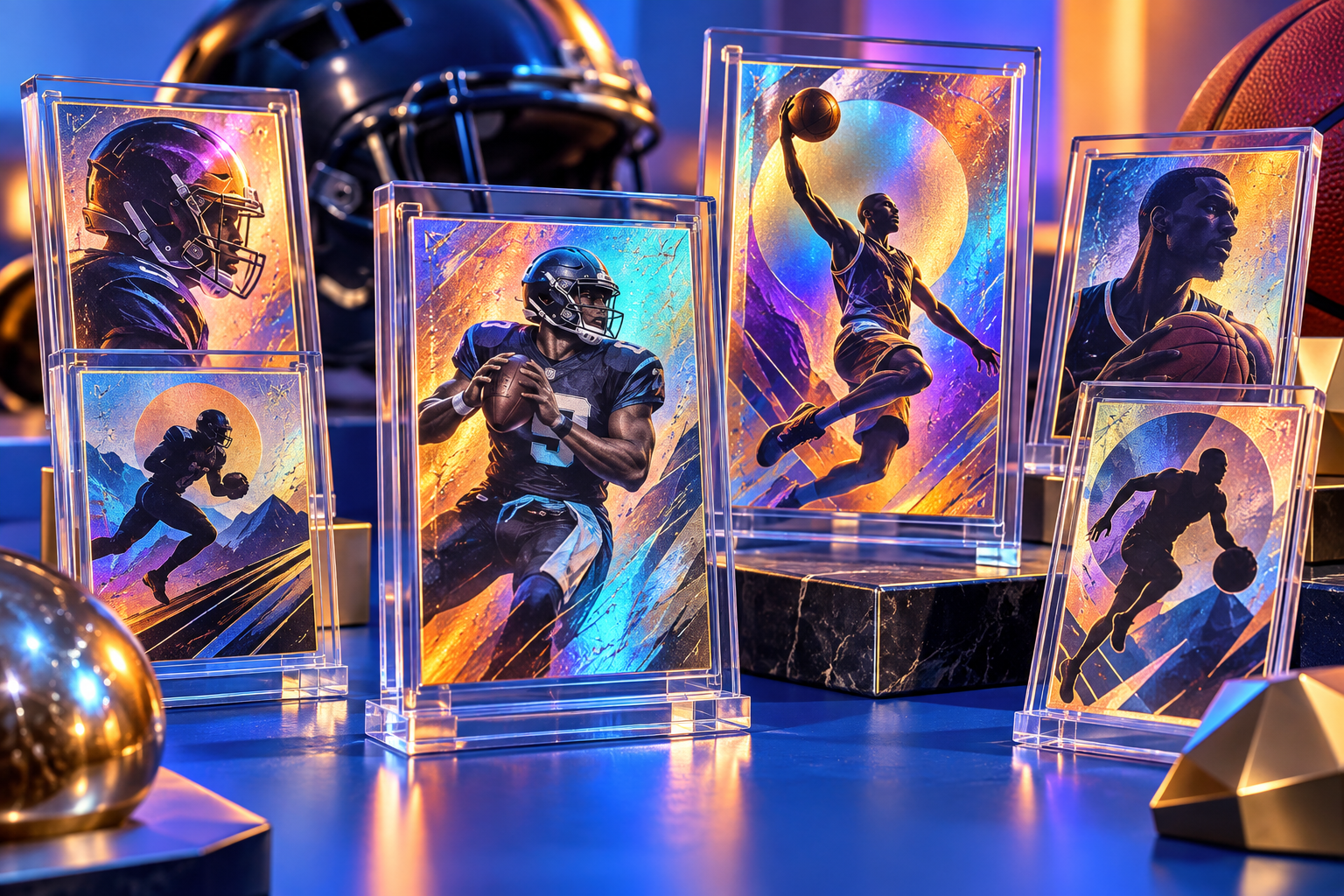 Illustration of fictional football and basketball cards with colorful foil finishes